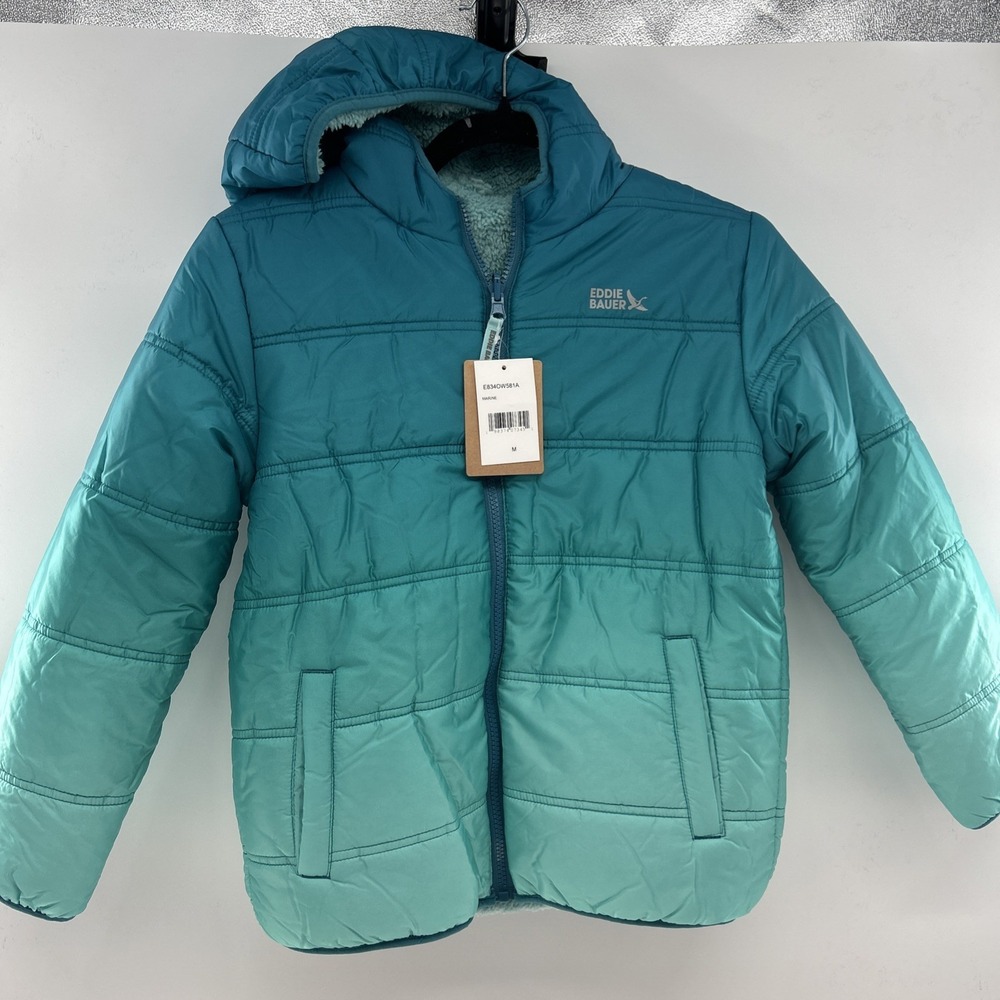 Eddie Bauer YOUTH Girls REVERSIBLE Jacket Coat Marine Ombre Puffer Medium NWT‎